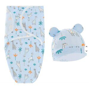 Baby Swaddle Blanket & Hat Set With Giraffe Print - Soft Cotton Wrap For Newborn